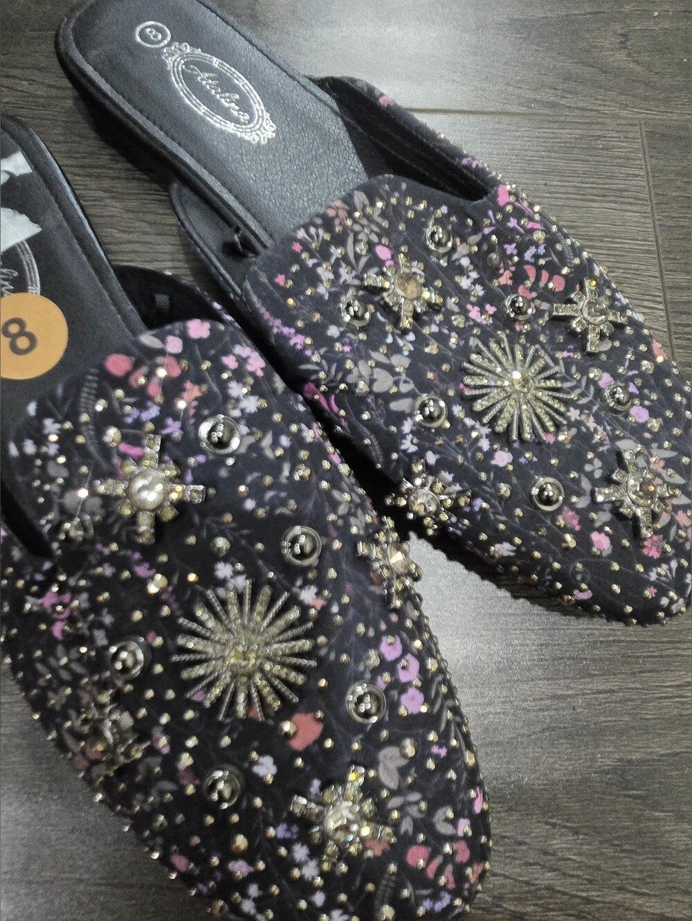 NWOT Atalina Embellished Black Floral Slip-On Mules - Size 8 But Fits Smaller